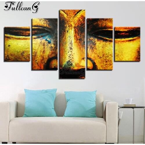 FULLCANG Golden buddha icon 5 piece diy diamond painting religion full square round drill mosaic embroidery sale FG0190