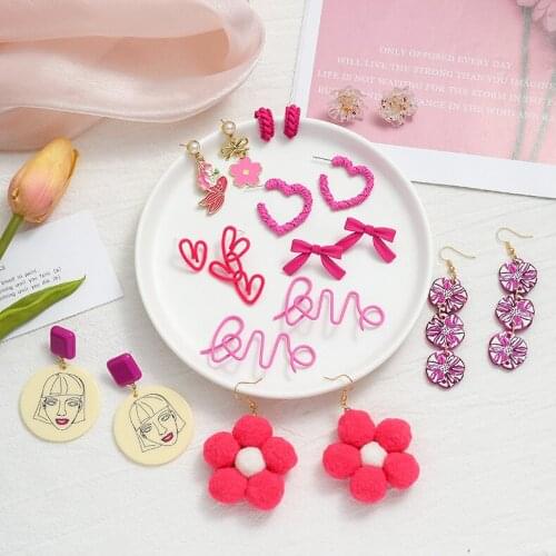 Meetvii New Korean Fluorescence Pink Earrings for Women Girl Cute Resin Geometric Bowknot Flower Heart Drop Earrings Jewelry