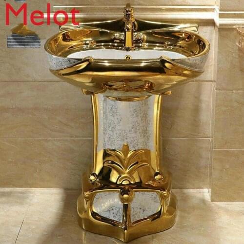 Mosaic Gold Vintage Luxious Pedestal Sink Ceramic Bathroom Sink With Stand Pedestal Wash Basin Close-Coupled Suite With Overflow