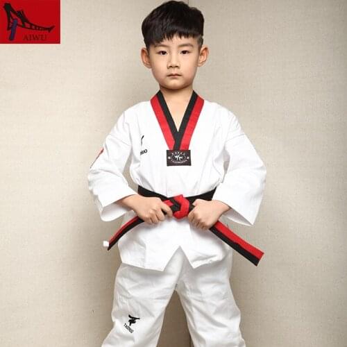 Hot Sale WTF Tae kwon do Dobok Clothes Child ITF Taekwondo Uniform Size XXXS-M white V-neck