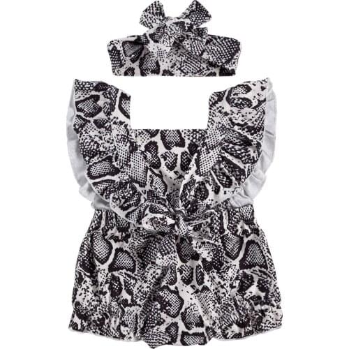Pudcoco Infant Newborn Baby Girl Onepiece Fall Top and Headband Snakeskin Printed Fly Sleeve Crotch Buttons Romper 0-24 Months