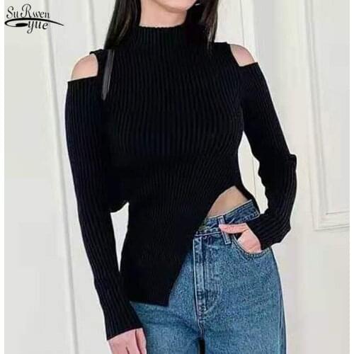 2021 Autumn Strapless Half High Neck All-match Sweater Thin Sexy Black Bottoming Sweater Knitting Warm Slim O-neck Sweater 16339