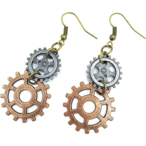The Simple Model Varied Gears Connected Lady`s Steampunk Round Drop Earrings