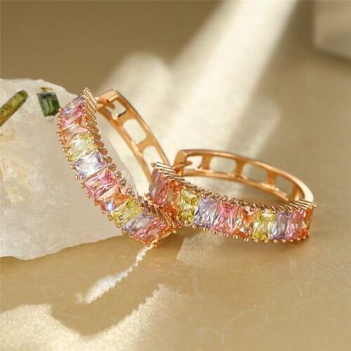 Simple Female Crystal Round Hoop Earrings Cute Rose Gold Color Wedding Earrings Cute Rainbow Crystal Jewelry Earrings For Women