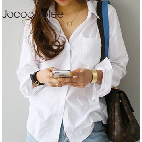 2019 Spring One Pocket Women White Shirt Female Blouse Tops Long Sleeve Casual Turn-down Collar OL Style Women Loose Blouses