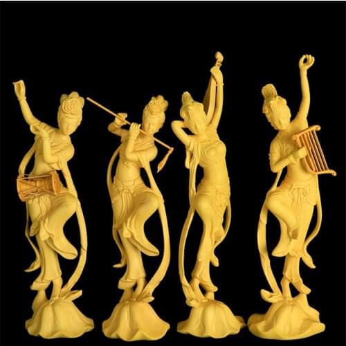 Boxwood 25cm Dunhuang Beauty Sculpture Chinese Mythical Fairy Feng Shui Wood Statue Home Decor