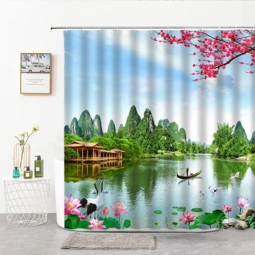 Modern 3D Printing Natural Scenery Mountain Water Shower Curtain Plant Landscape Bath Curtain With Hooks For Bathroom Polyester