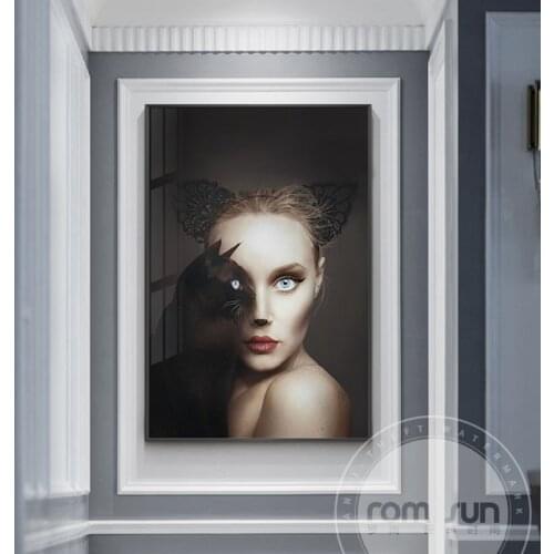 Nordic Mysterious Cat Flamingo Girl Canvas Painting Modern Poster Print Witch Wall Art Picture for Living Room Cuadro Decoration