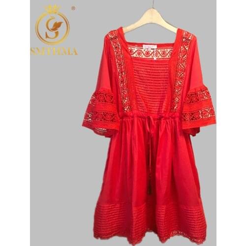 SMTHMA 2021 New Arrival Summer Fashion Korean Dresses Robe High Waist Red /White Lace Hollow Loose Dress Vestidos