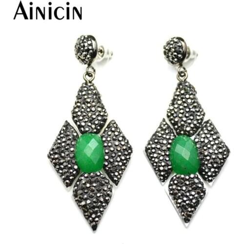 Rhinestone Crystal Paved Green Rhombus Shape Stud Earrings Fashion Women Party Exaggerated Jewelry