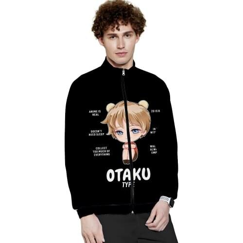 Otaku Unisex Stand Collar Full Zipper Long Sleeve Sweatshirt Casual Loose Sweatshirt Stand Collar Zippered Hoodie
