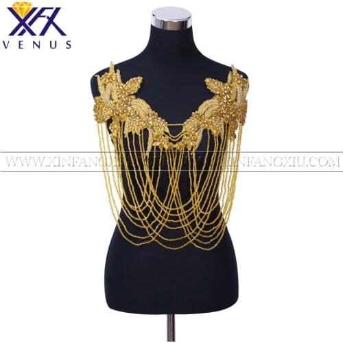 XFX VENUS 1 pc Handsewn Gold applique beads Partches embroidery patches Fringe trimming motif for women garment