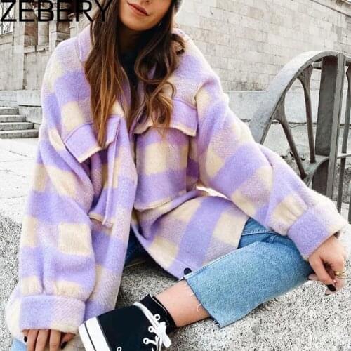 ZEBERY Elegant Sweet Plaid Woolen Shirt Jackets Women Winter Pockets Turn-down Collar Long Coat Vintage Outerwear Chic Tops