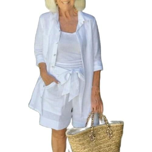 1 Set Women Shirt Camisole Shorts Set Single-breasted Lace-up Autumn Solid Color Lapel Pockets Shirt Shorts Streetwear