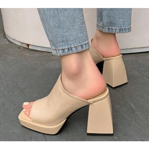 Drop Shipping Girls Beige Nude Cow Leather Square Toe Slip On Slippers Sandals Woman 9 CM Chunky Heels Platform Pumps Shoes Lady