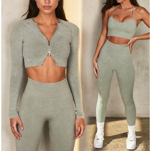 Women Seamless Acid Wash Two Way Zip Long Sleeve Crop Top Sports Bra Gym Butt Lifting Leggings 2PCS Fitness Sportswear Yoga Set