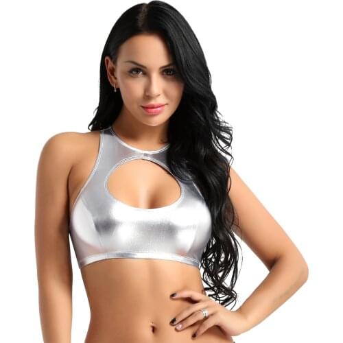 Women Shiny Faux Leather Sleeveless Crop Tops Festival Rave Club Party Stage Performance Pole Dance Costume Slim Fit Sexy Tops