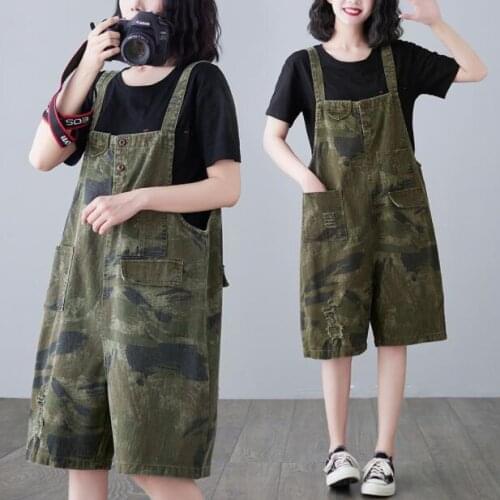 #2356 Summer Camouflage Denim Playsuits Women Loose Casual Vintage Combinaison Short Femme High Waisted Denim Overalls For Women