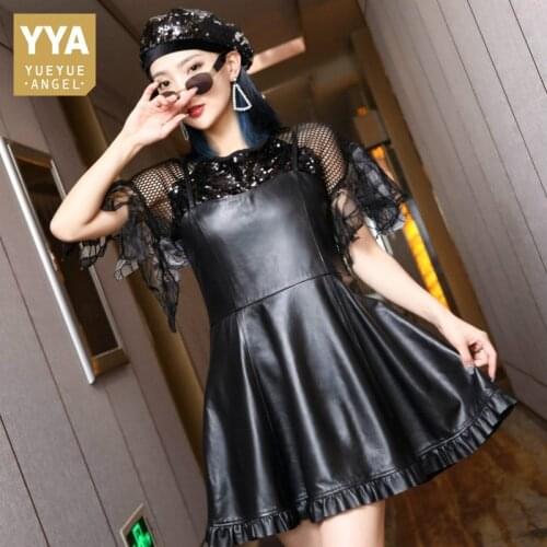 Spring Autumn Women Sheepskin Slim Fit Strap Dress High Waist Ruffle Genuine Leather Female A-Line Dress Sweet Black Mid-Length