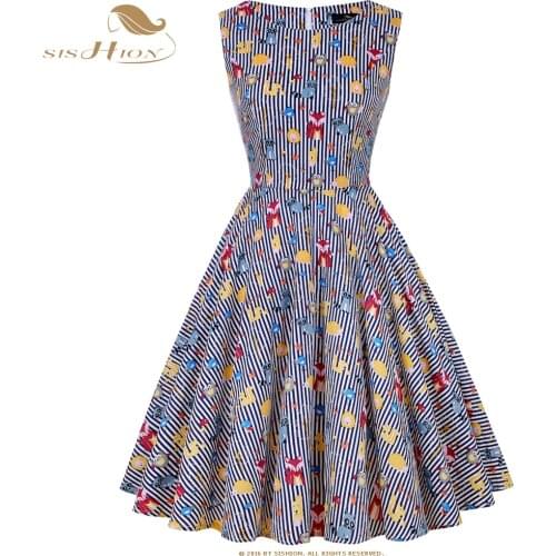 SISHION Cotton Rockabilly Dress Summer 50s Retro Vintage Dresses Plus Size Women Clothing Pin Up Animal Striped Dress VD0586
