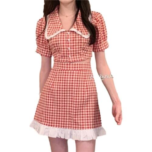 2021Summer Two Piece Set Women Korean Kawaii Plaid Crop Top + Mini Skirt Casual slim fit Japan Style elegant Sweet Set women