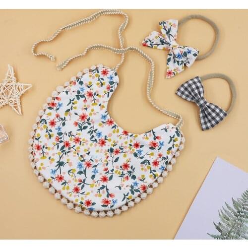 Forest Style Floral Printed AB Side Baby Bibs Linen Cotton Soft With Plaid Bowknot Headband Head Wear Fashion Accessories 3Pcs