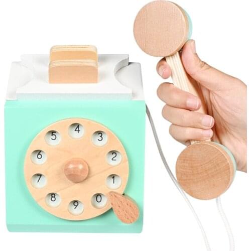40JC Rotary Design Retro Imitation Landline Phone Childrens Play House Wooden Antique Dial Telephone for early Education