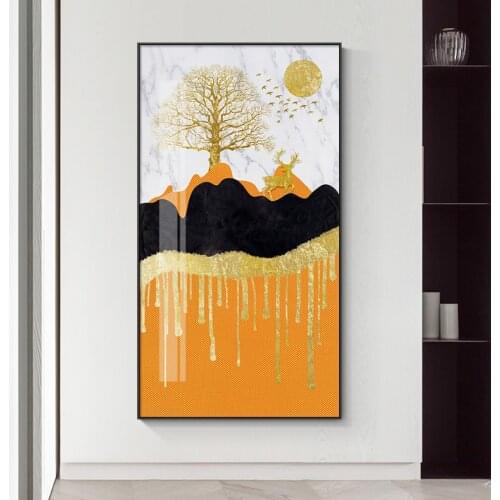 Abstract Golden Mountain Deer Canvas Painting Modern Landscape Wall Art Picture for Living Room Home Orange Posters and Prints