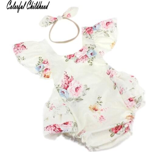 Newborn Baby Girls Bodysuit Short Fly Sleeve Bodysuit Infant Baby Girl Floral Toddler Kids Fuffle Clothes With Headband 2pcs set
