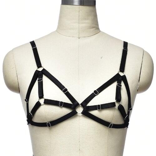 Black Body Harness Bra Goth Women Bondage Sexy Lingerie Punk Adjustable Body Cage Bra Rave Hollow Elastic Harness Belt
