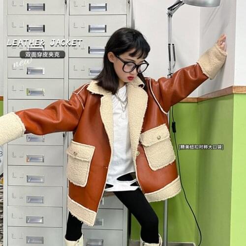 Girl Pu patchwork Double-sided jacket 2021 new lambswool thicker coats children outerwear kids PU leather outfit jackets ws1935