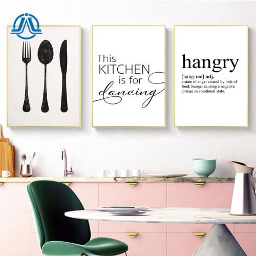 Minimalist Canvas Painting Knife And Fork Posters And Prints Black White Hangry Quote Wall Art Kitchen Picture On The Wall Decor