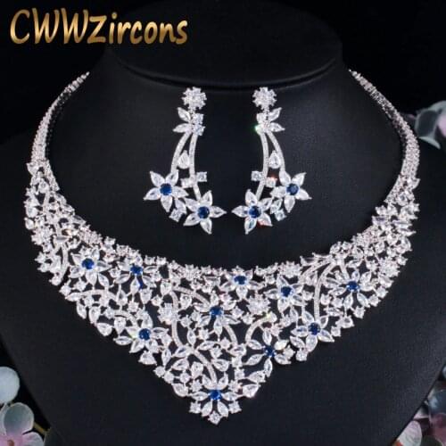 CWWZircons Royal Blue CZ Flower Leaf Statement Nigerian Dubai Necklace Earrings for Women Wedding Bridal Party Jewelry Set T461