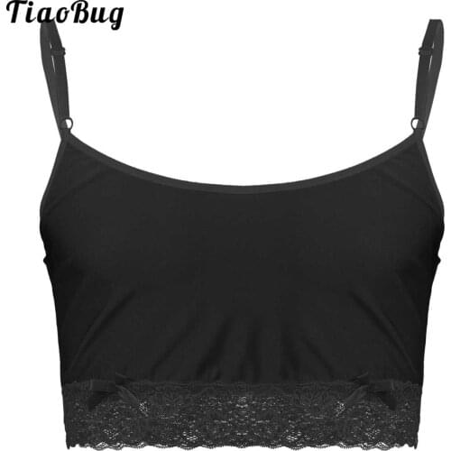 TiaoBug Mens Sissy Silky Lingerie Adjustable Spaghetti Straps Lace Hemline Camisole Vest Crop Tops Nightwear Sleepwear