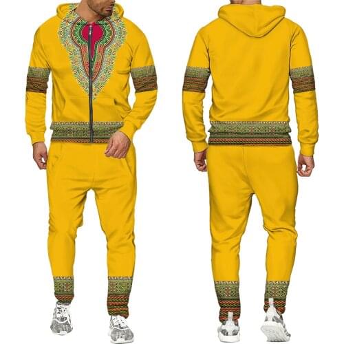 Mens 3D Dashiki Print Zipper Tracksuit Dashiki African Indian Folk-custom Clothes Couple Hoodies Pants Set