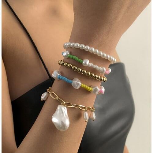 Charm Cute Baroque Imitation Pearl Chain Bracelet Set For Women Statement Colorful Bead Bangle Bracelet On Hand Girls Jewelry