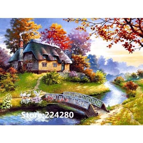 Needlework,Forest riverside house bridge scenery embroidery,DIY Cross stitch kits,Art Pattern counted Cross-Stitching decor