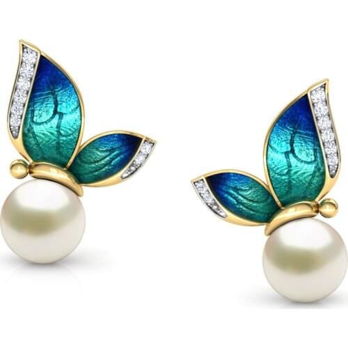 FDLK Gorgeous Butterfly Pearls Stud Earrings Gold Crystal Enamel Earrings For Women