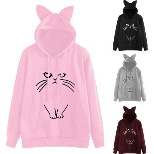New Womens Hoodie Long Sleeve Hooded Sweatshirt Cat Printed Top Autumn Casual Moletom Pullover Tops Fashion Ladies Hoodies