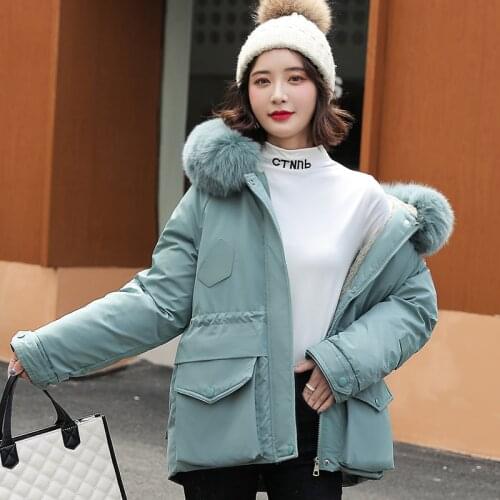 Womans Winter Solid Casual Thick Short Jacket Plus Size Female Coat with Fur Collar Loose Hooded Warm Wool Liner Ladies Jackets