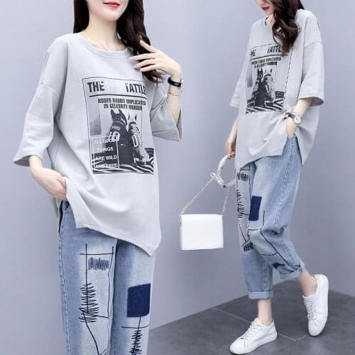 Womens Suits Korean Kawaii T-shirt Loose Casual Jeans Fashion Two Piece Set Oversized Tshirt 2021 Summer New Clothes Woman Sets