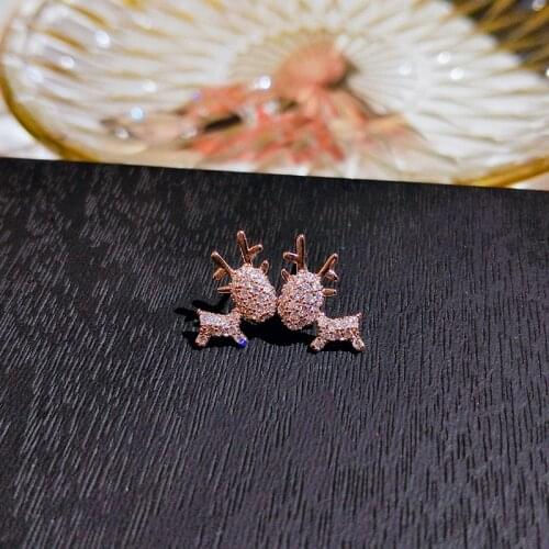 Cute Rose Gold Color Deer with Bling Zircon Stone Stud Earrings for Women Fashion Jewelry Korean Earrings