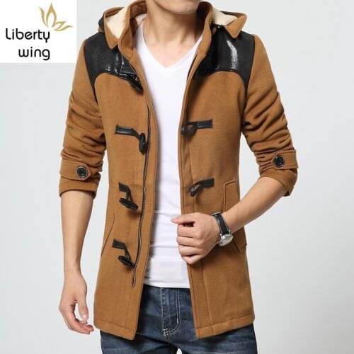 Winter New Brand Fashion Mens Long Fleece Trench Jackets Warm Thicken Woolen Parkas Fur Hooded Quilted Coats