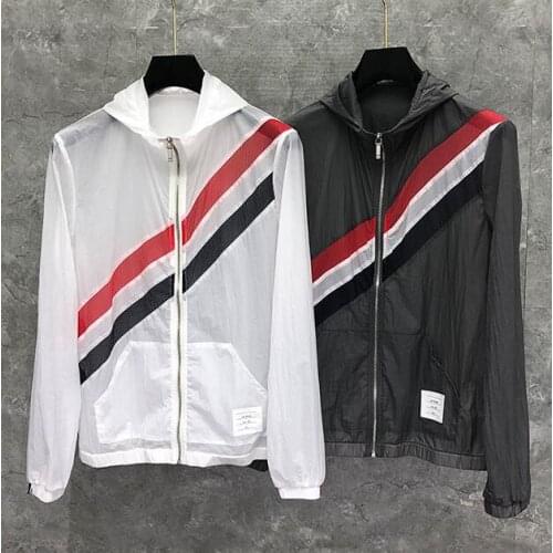 2021 Fashion TB Brand Jacket Men Uv Sun Protection Summer Thin Sports Coat Casual Hooded Diagonal Stripes Sunscreen Clothing