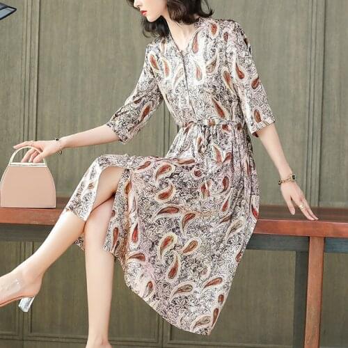 2021 Fashion New Women Dress V Neck Slim Print Woman Silk Dress Casaul Party Vestidos Women Clothing Vestido De Mujer WPY3598