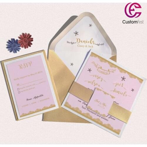 30pcs/lot color pink with gold edge personalized liner envelop pink and gold invitation and RSVP set L202S046