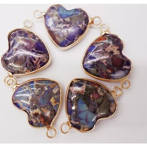 5Pcs 27x15x6mm Alloy Serging Purple&Brown Sea Sediment Jasper & Pyrite Love Heart Pendant DIY Jewelry Bracelet Accessories M463