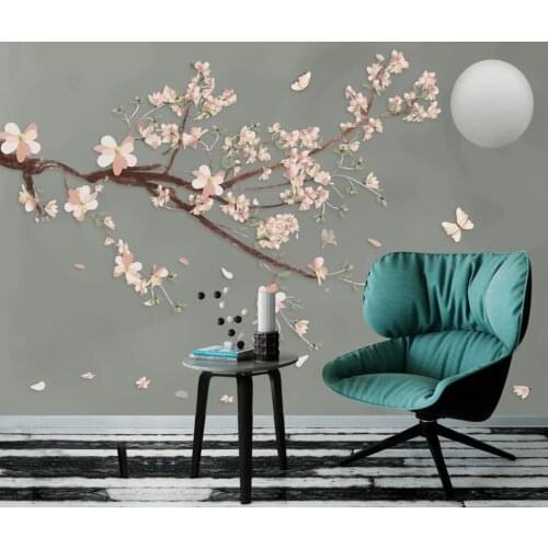 New Chinese hand-painted flower bird butterfly TV background wall flower decoration wallpaper mural