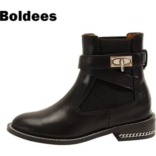 Women Genuine Leather Ankle Boots Metal Chains Silvery Buckle Low Heeled Boots Fashion Spring Autumn Short Boot Ladies Shoe