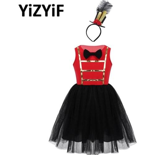 Kids Girls Showman Costume Sleeveless Bowtie Mesh Dress with Headwear Children Christmas Halloween Cosplay Party Circus Outfit